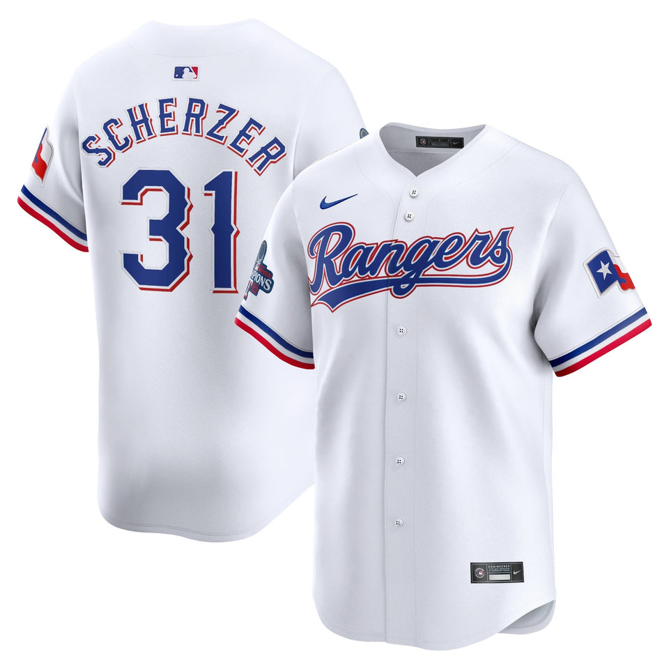 Men's Texas Rangers Max Scherzer White Home 2023 World Series Champions Jersey