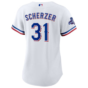 Women's Texas Rangers Max Scherzer White Home 2023 World Series Champions Jersey